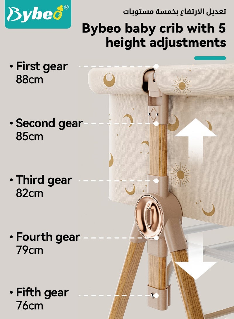 Bybeo Baby Bedside Crib, Wooden Babies Bed with 360° Swivel Wheels, Portable Folding Bassinet for Infant Newborn, Nursery Beds with Mosquito Net, Mat, Sotrage Basket, Diaper Changing Station, Installation Free - Image 5